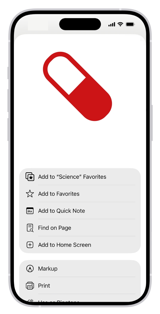 In Safari, the Share button on a website has been tapped, displaying a list of options, including Add to Home Screen.